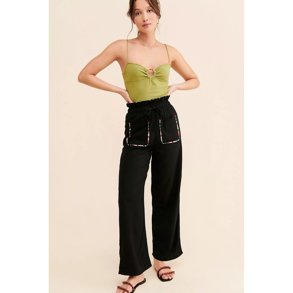 PASTICHE Tina High Rise Black Wide Leg Pull On Tie Waist 70s Linen Pants Medium